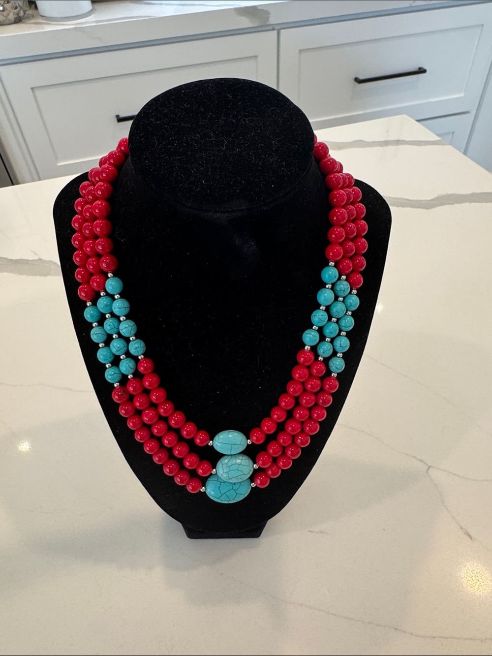 Red and Turquoise Multi-Strand Beaded Necklace - Women Jewelry - Picture 2 of 5